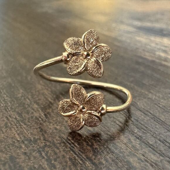 14K Rose Gold Double Flower Bypass Ring Adjustable Size 5-7 JMD Plumeria - Picture 2 of 12